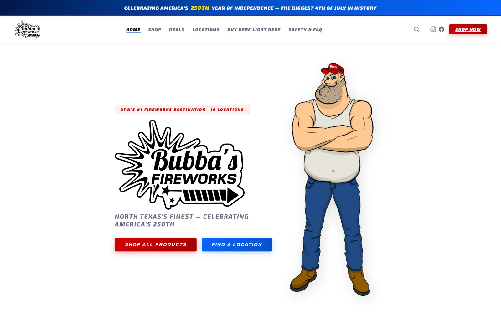 Homepage of Bubba's Fireworks, a bold, red-white-and-blue 16-location fireworks e-commerce store.