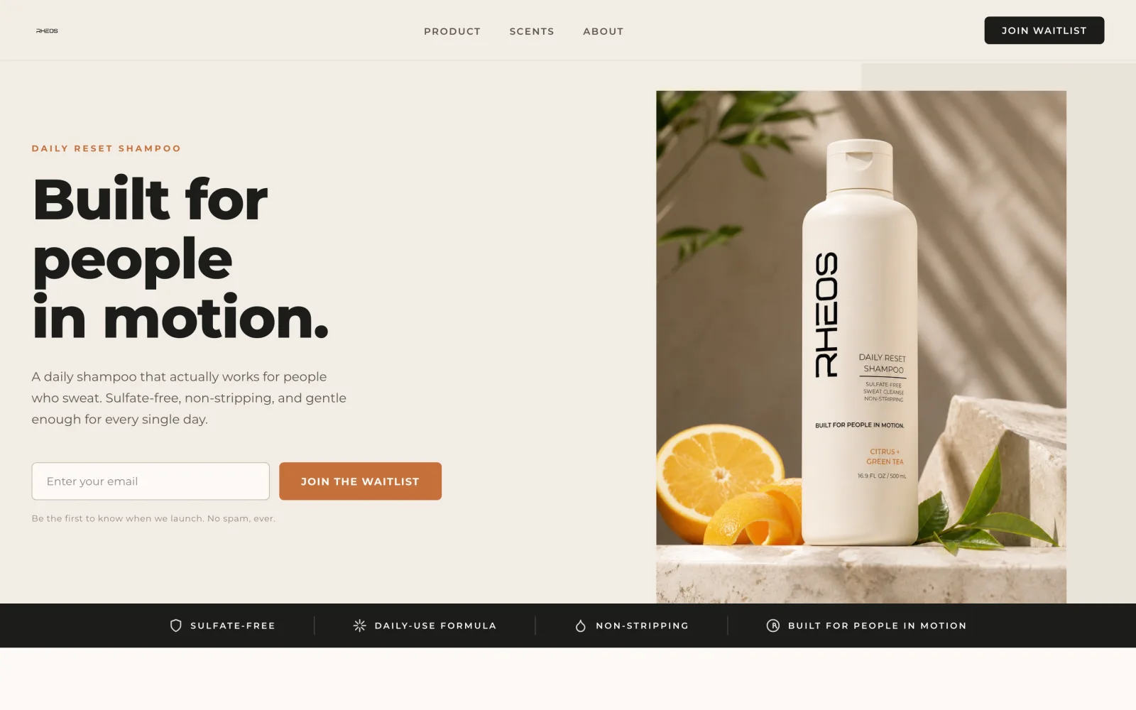 Homepage of RHEOS, a premium DTC haircare brand featuring the Daily Reset Shampoo.